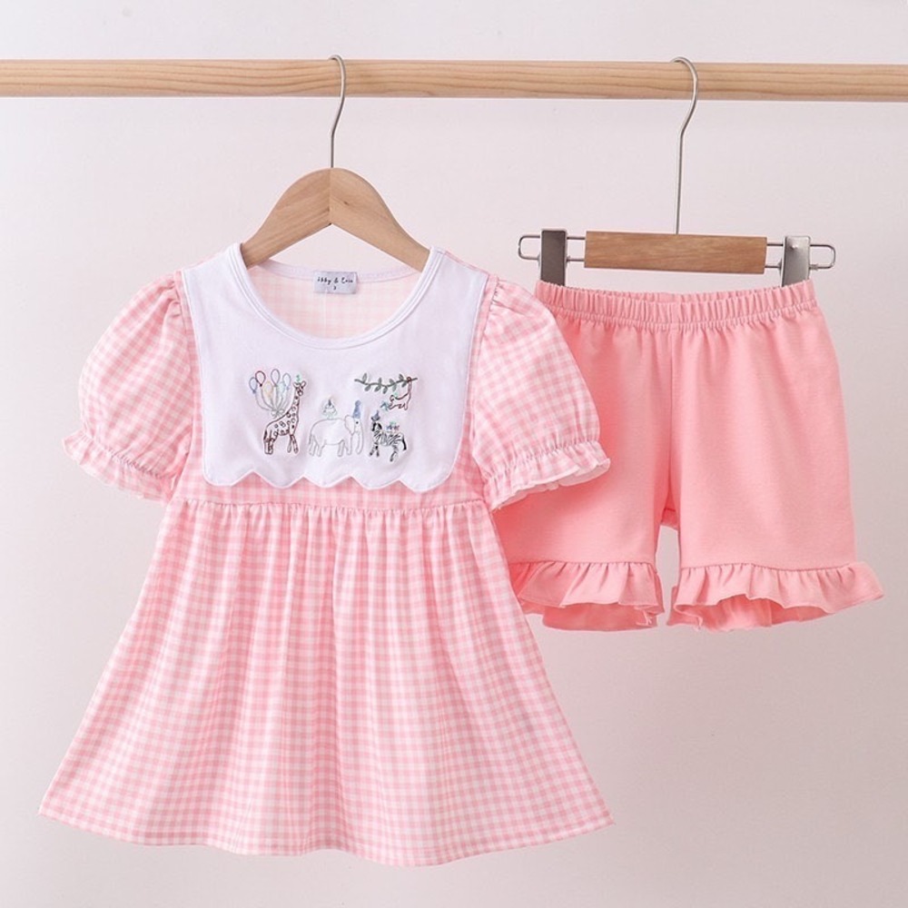 Abby & Evie Girls Pink Gingham Animal Embroidery Tunic and Shorts Set Size 2 NWT